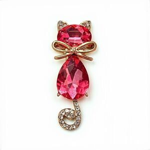 Pink Crystal Cat Gold Brooch